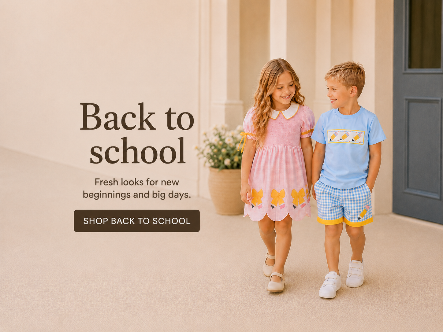 Two children in school outfits standing on a porch with 'Back to School' text overlay.