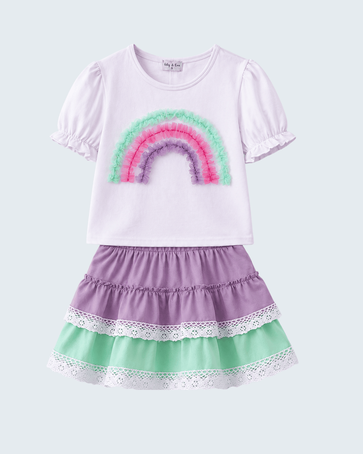 Girls Lace Rainbow Ruffle Skorts Set