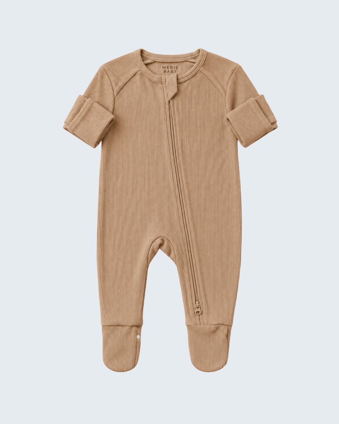 Latte ribbed bamboo zipper romper with short sleeves and front zipper, footed legs