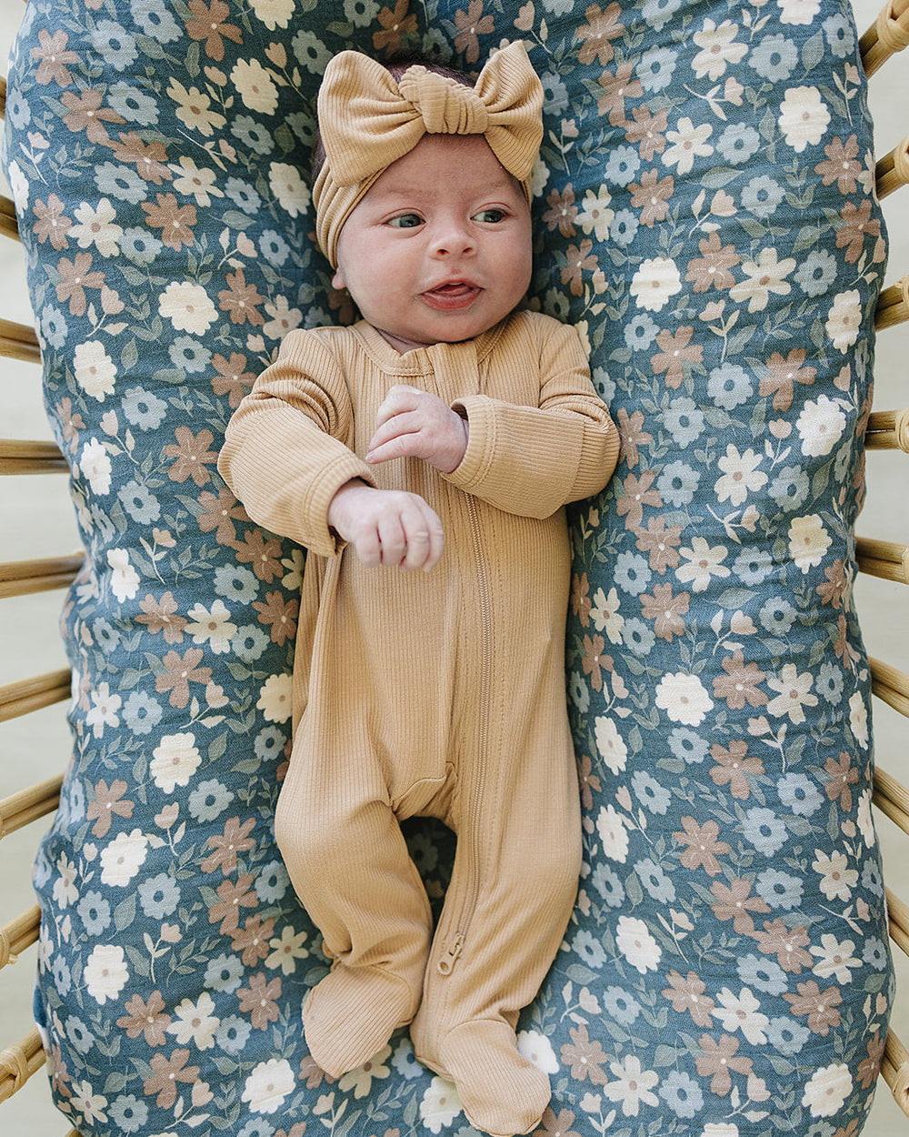 Latte ribbed bamboo zipper romper on baby, long sleeves, full front zip