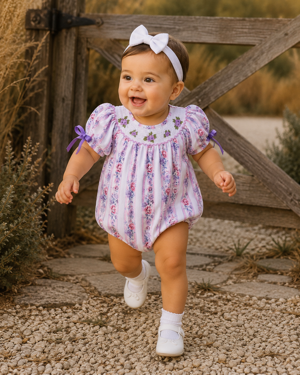 Baby romper in lavender with floral print, elastic smocked neckline, and short bow sleeves