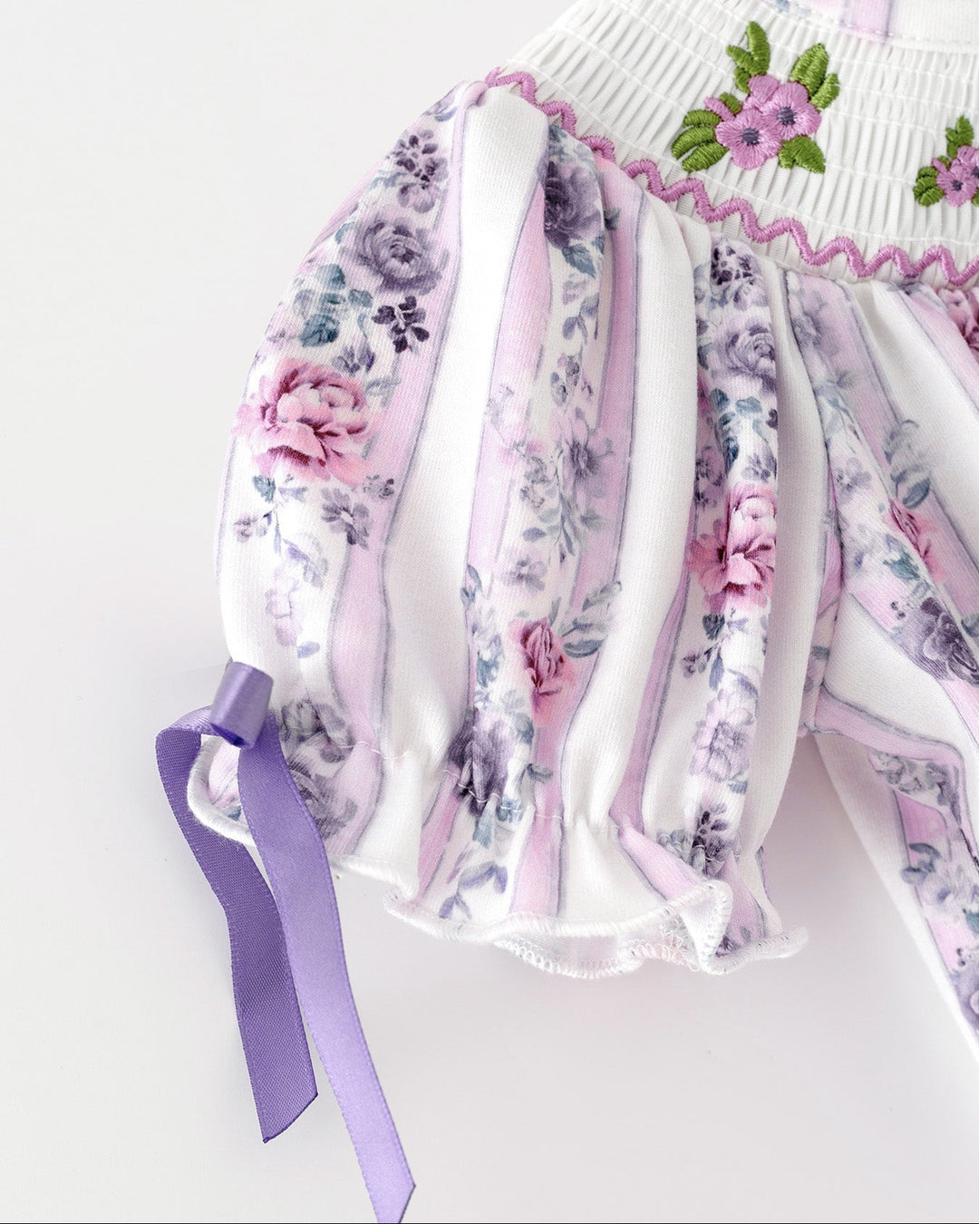 Baby girl romper with flutter sleeves and ribbon ties, lavender rose striped floral print