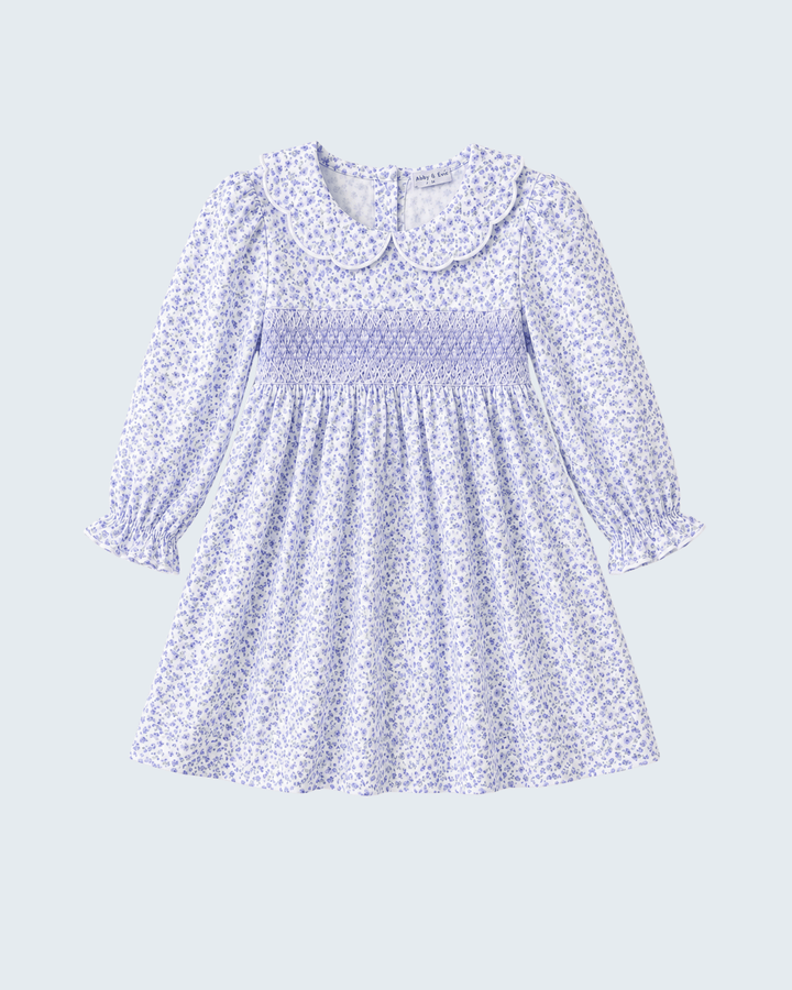 Lavender floral smocked long-sleeve dress with ruffle collar