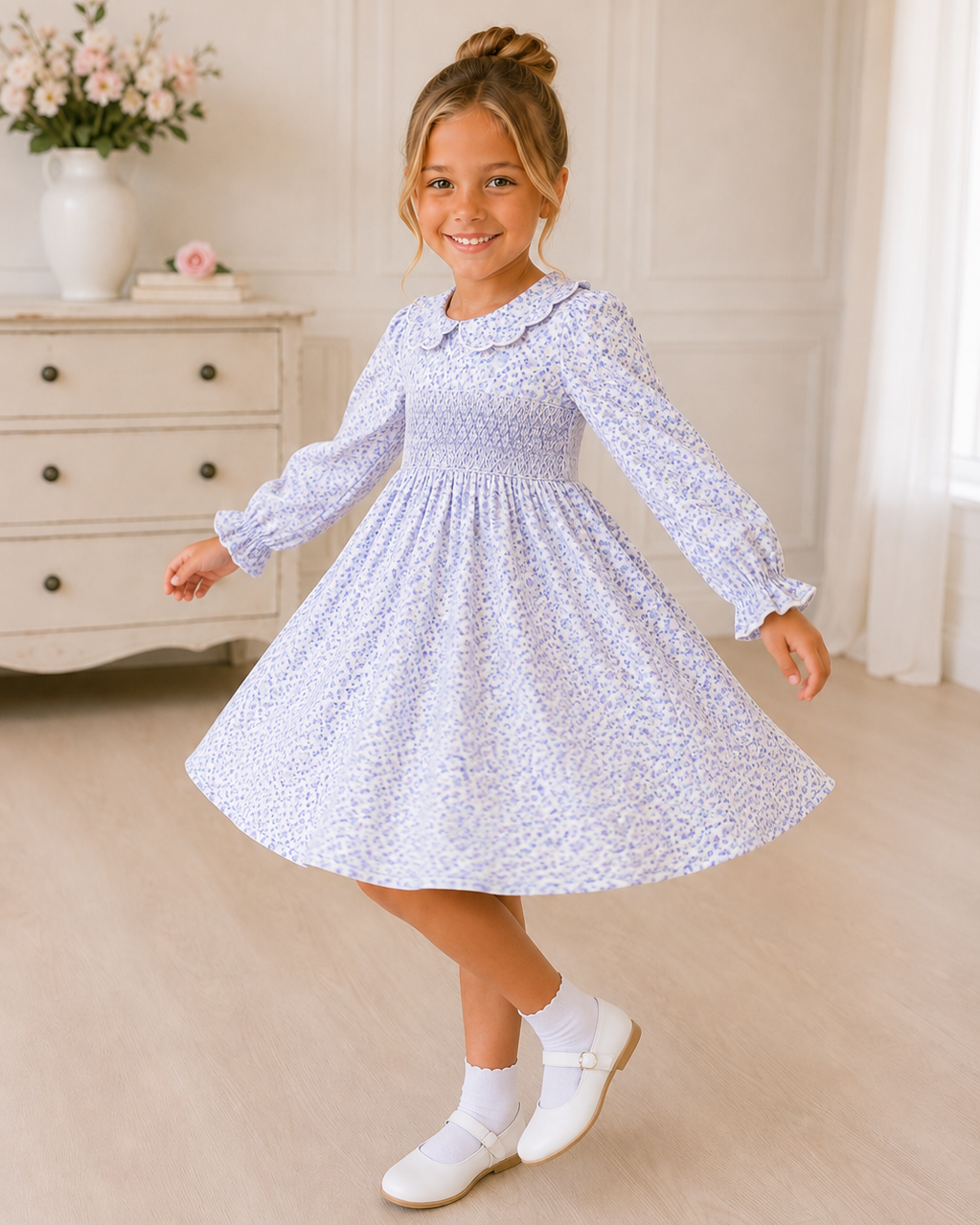 Lavender floral smocked long-sleeve dress with gathered skirt