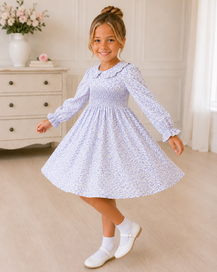 Lavender floral smocked long-sleeve dress with gathered skirt
