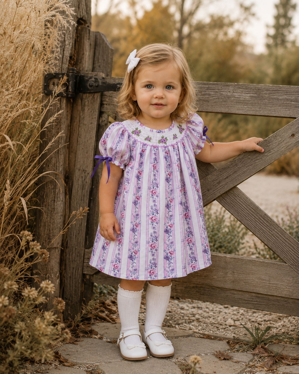Lavender floral smocked toddler dress with short puff sleeves and gathered neckline