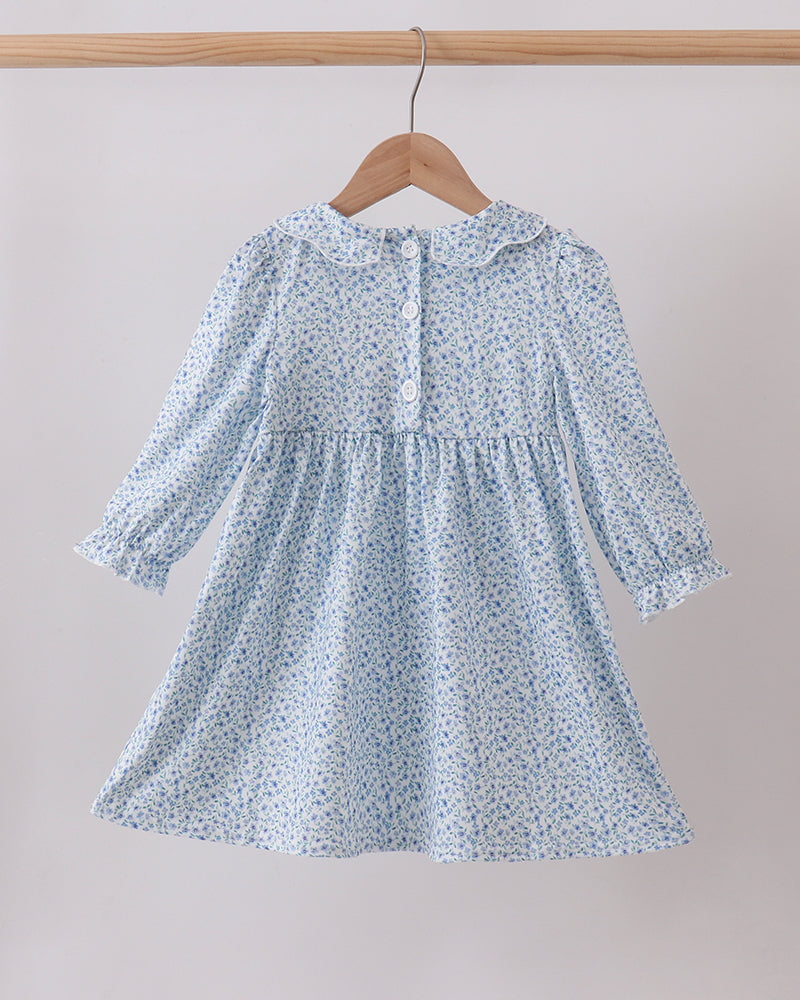 Floral smocked long-sleeve dress with gathered skirt and button-back yoke, light blue