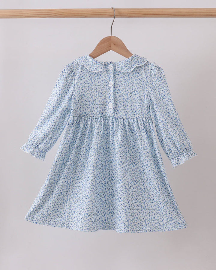 Floral smocked long-sleeve dress with gathered skirt and button-back yoke, light blue