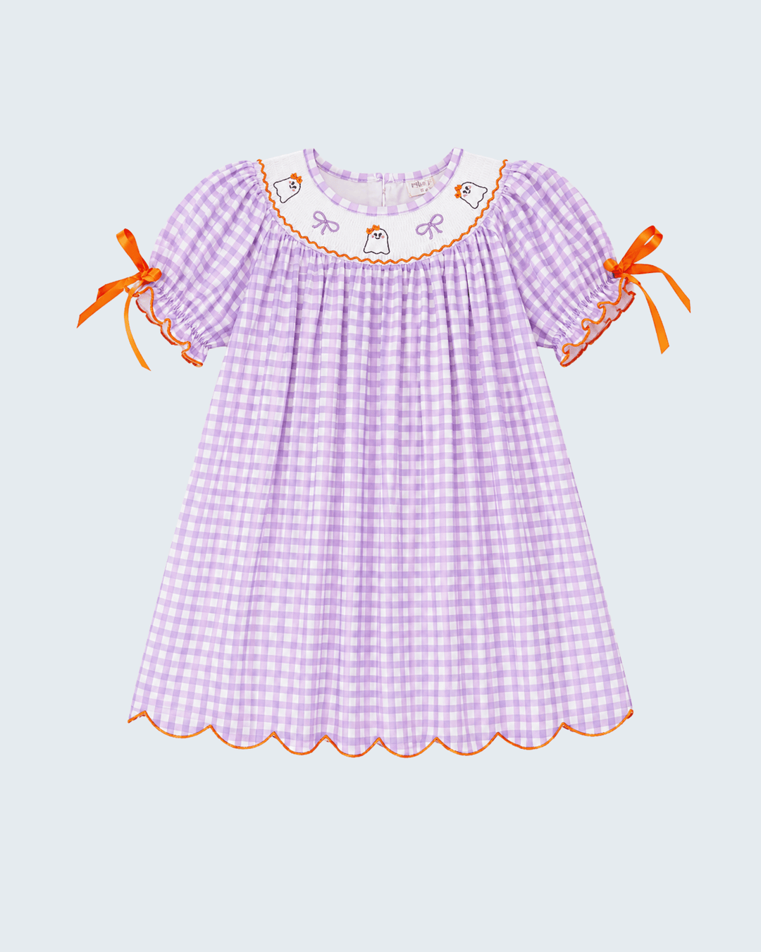 Lavender gingham plaid dress with ghost-trim yoke, scalloped hem, orange ribbon bows