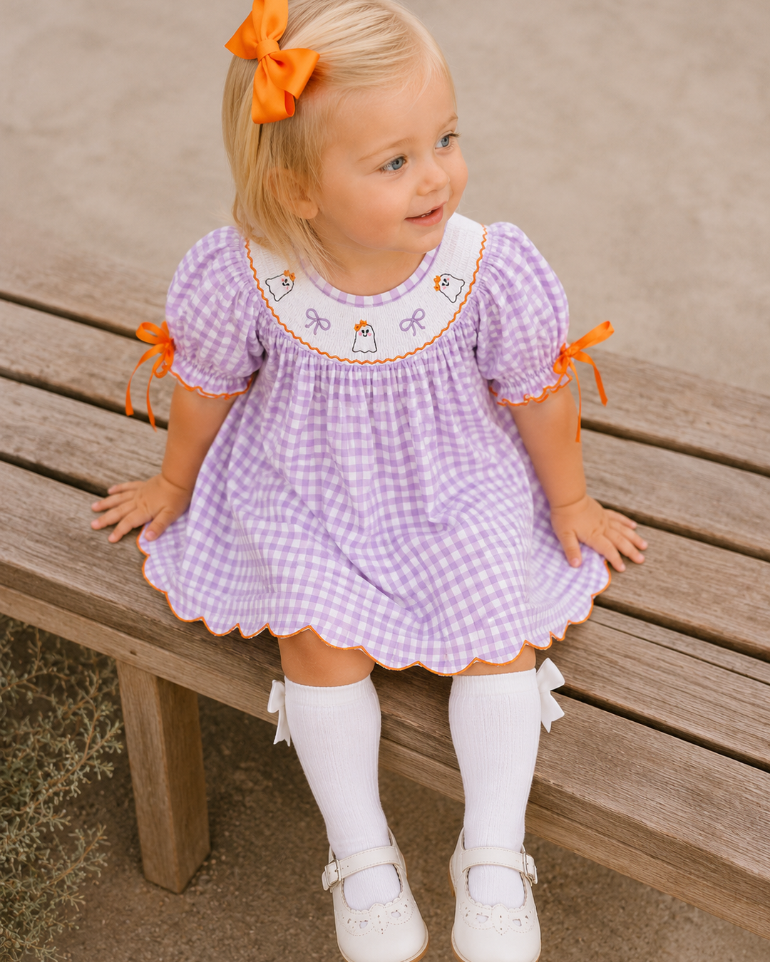 Lavender gingham plaid scallop dress with orange sleeve ribbon bows and ghost yoke