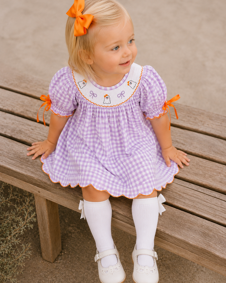 Lavender gingham plaid scallop dress with orange sleeve ribbon bows and ghost yoke