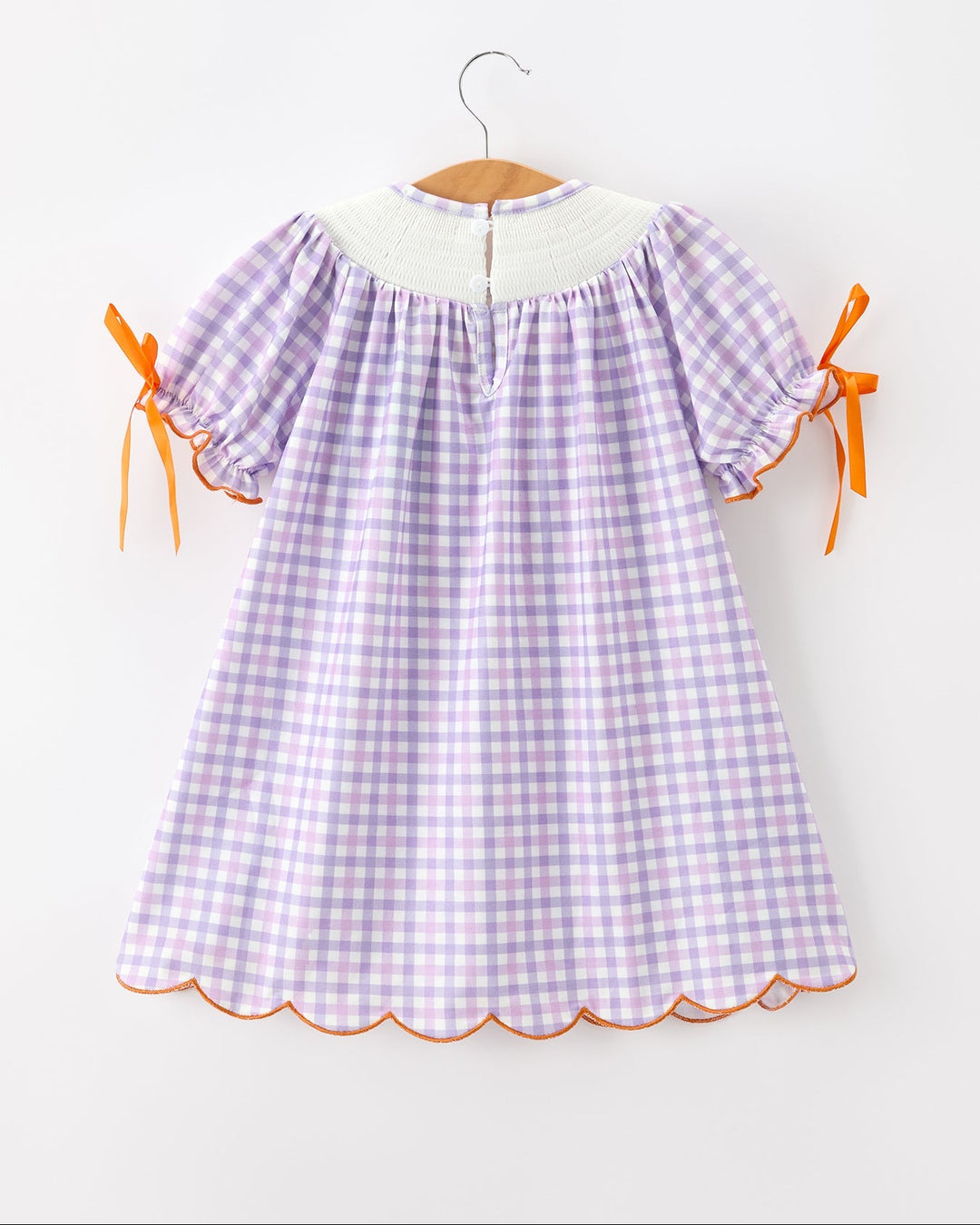 Girls lavender plaid Halloween dress, orange bow sleeves, gathered back yoke