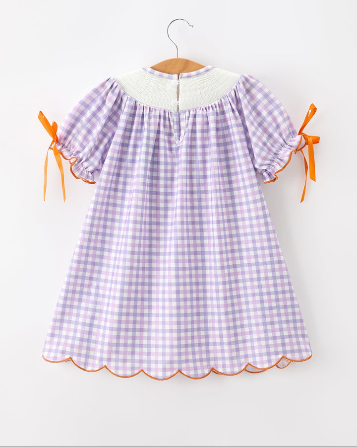 Girls lavender plaid Halloween dress, orange bow sleeves, gathered back yoke