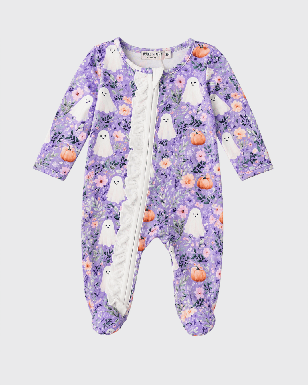 Lavender floral long-sleeve footed romper with ghost and pumpkin prints, front zipper