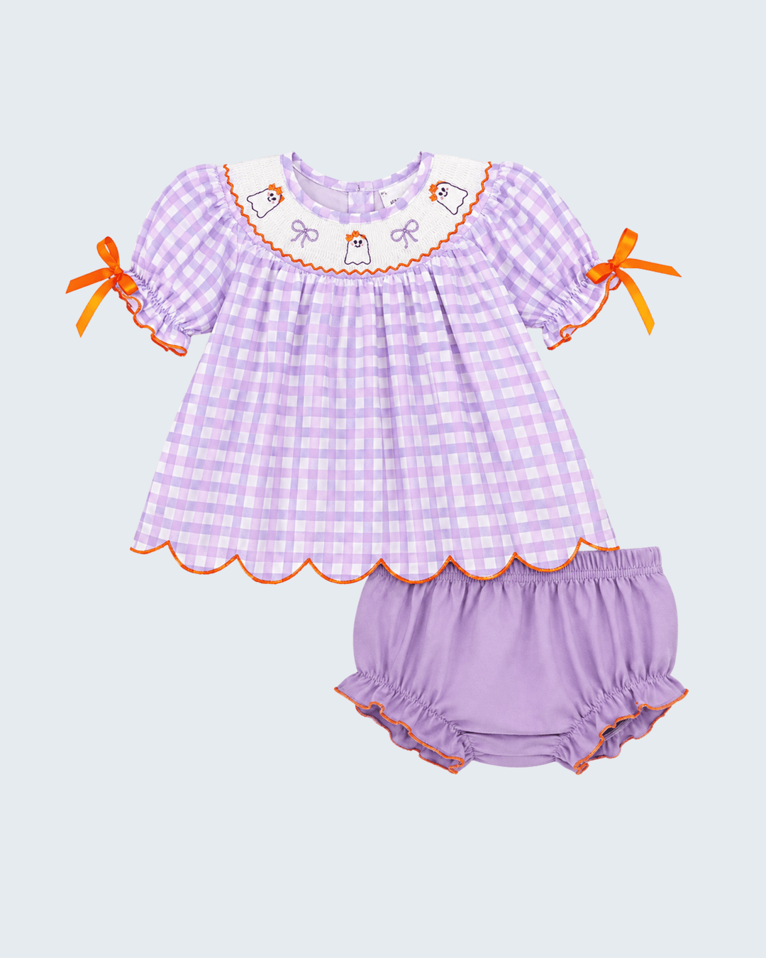 Lavender plaid toddler dress and bloomers set with ghost ruffle collar and orange bows