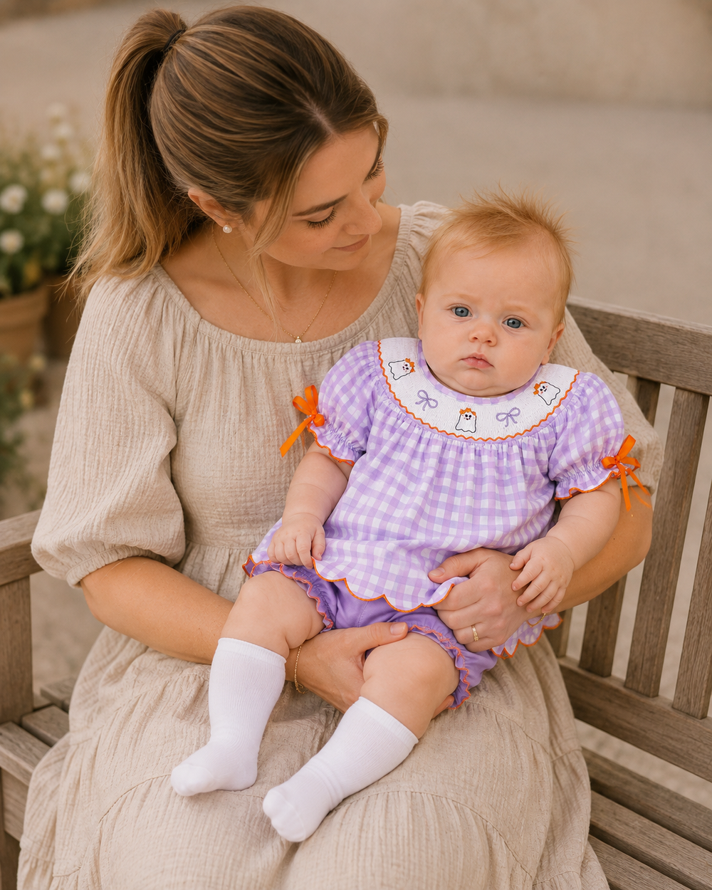 Toddler lavender plaid dress and bloomers set with ghost-print collar and orange side bows