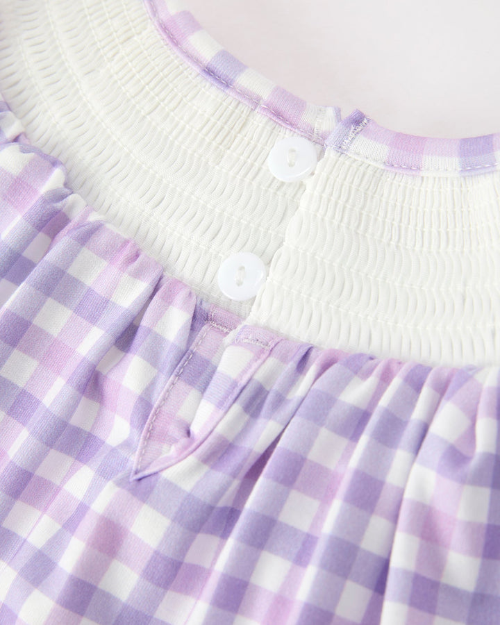 Lavender gingham dress with white button placket and scalloped ruffle at neckline