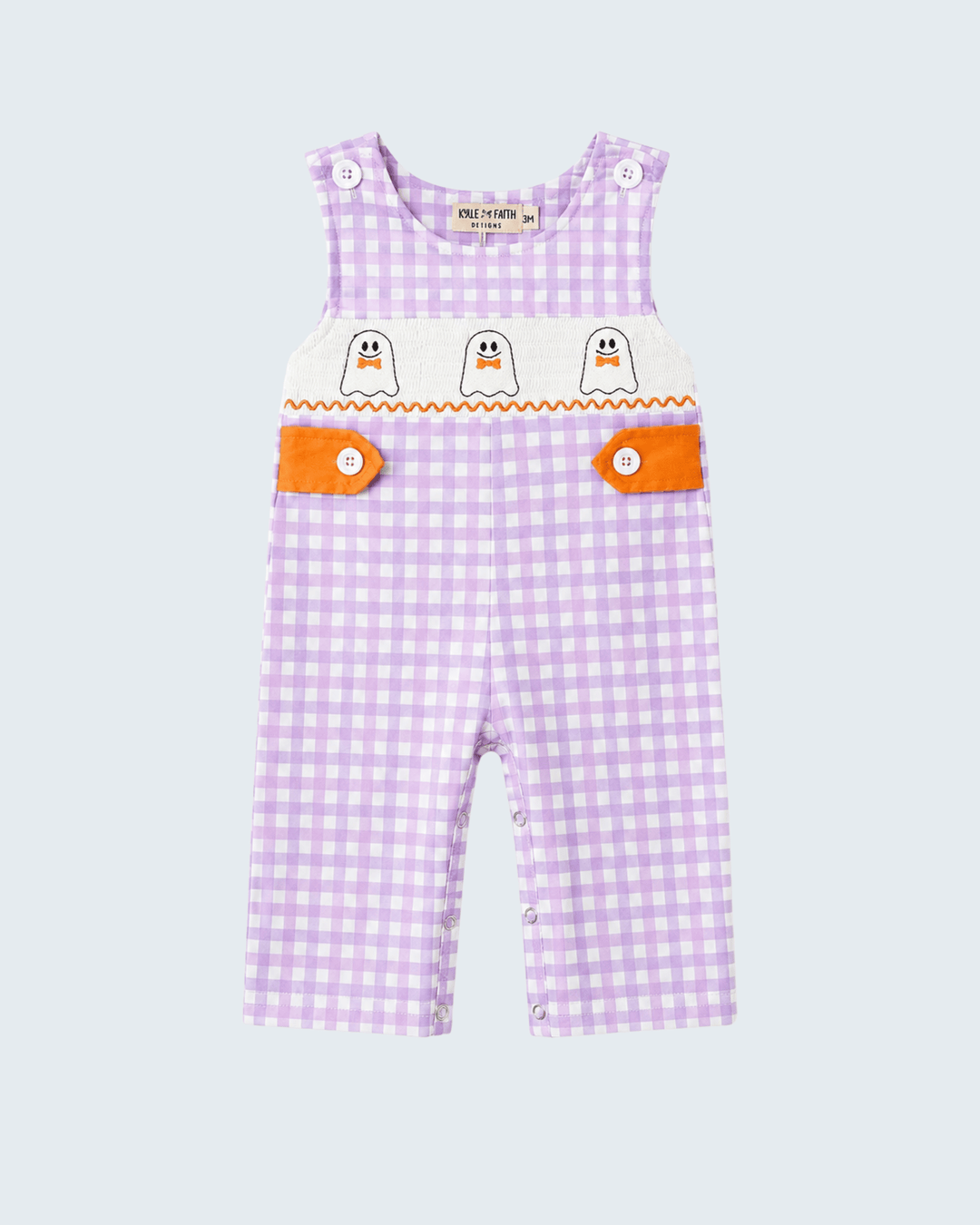 Lavender plaid smocked jon jon with ghost appliques and orange trim, snap buttons