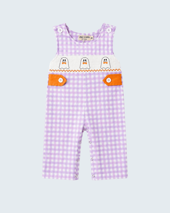 Lavender plaid smocked jon jon with ghost appliques and orange trim, snap buttons