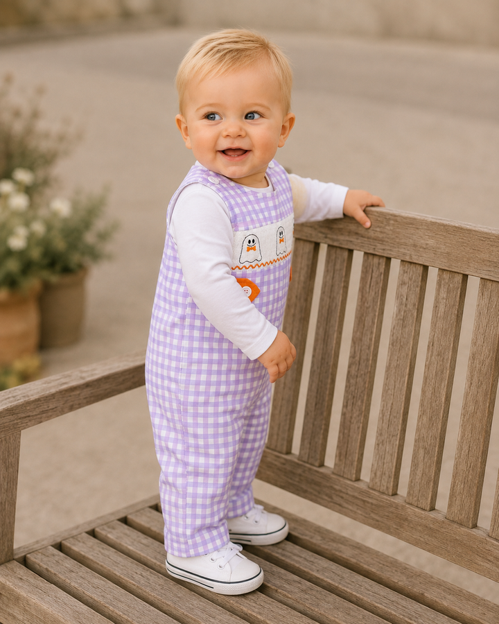 Lavender check jon jon with ghost bib and orange trim, worn over white sleeves