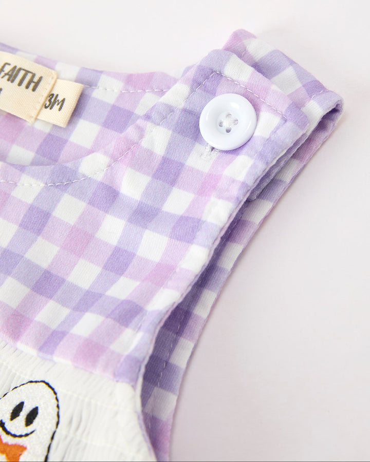 Baby boy plaid romper hem, lavender check fabric with gathered cuff and white button
