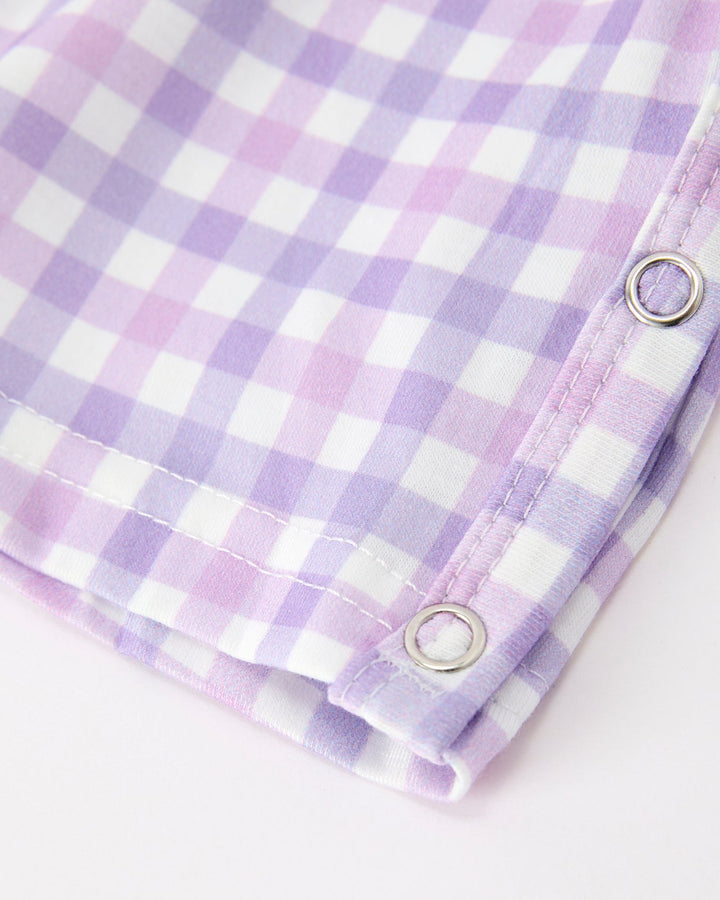 Baby boy plaid romper cuff, lavender check fabric with metal snap tab
