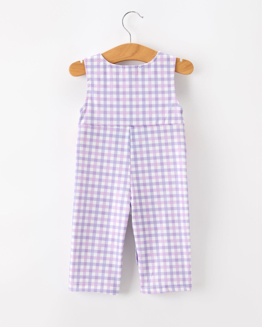 Baby boy plaid romper, sleeveless back in purple gingham with long pant legs