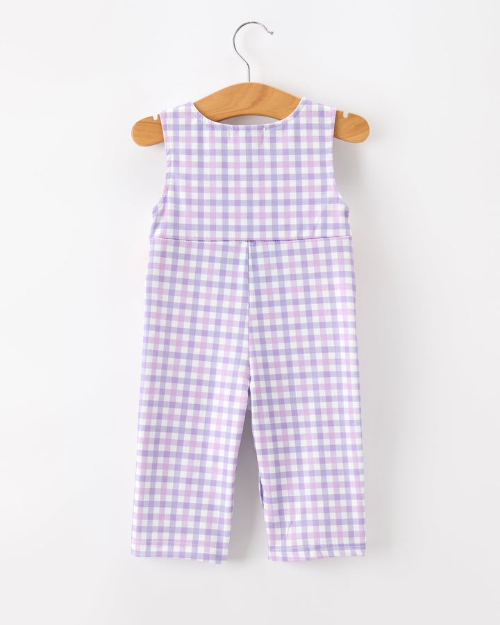 Baby boy plaid romper, sleeveless back in purple gingham with long pant legs