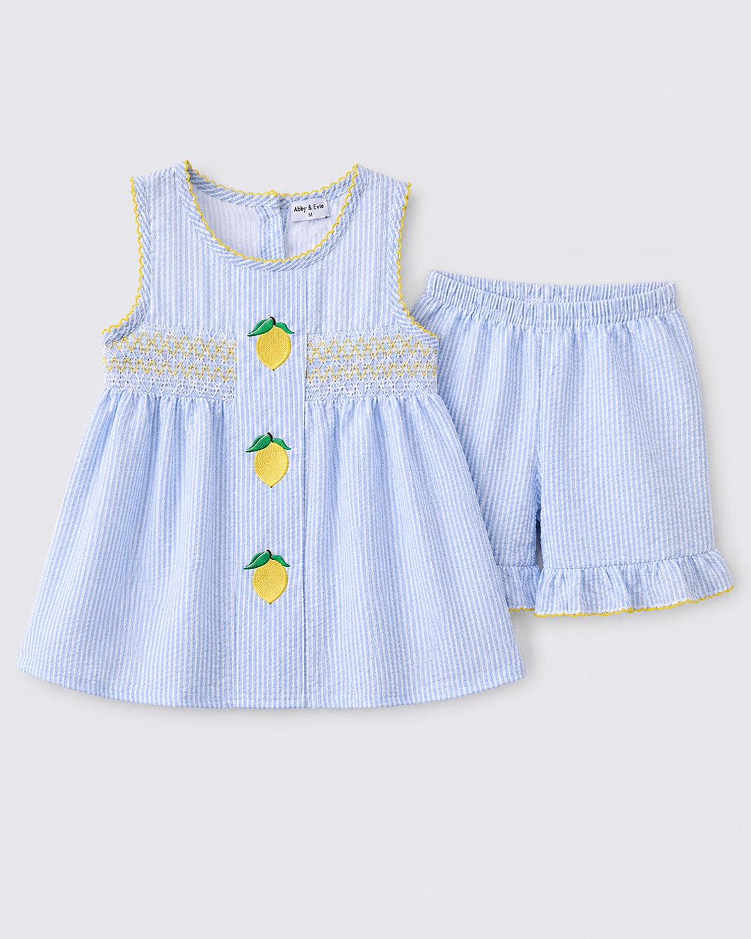 Girls Lemon Embroidered Seersucker Ruffle Shorts Set