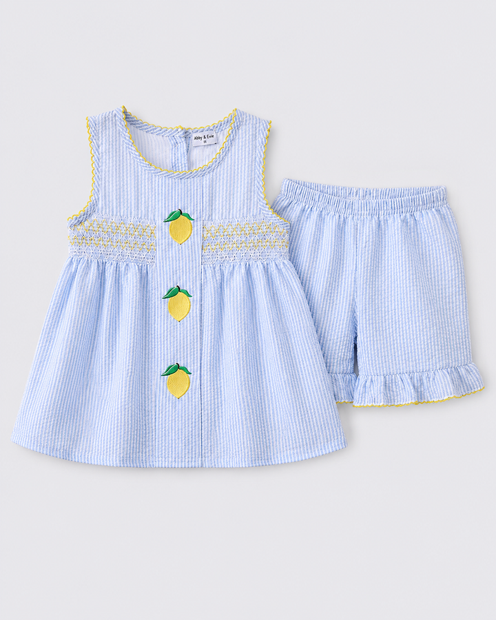Girls Lemon Embroidered Seersucker Ruffle Shorts Set