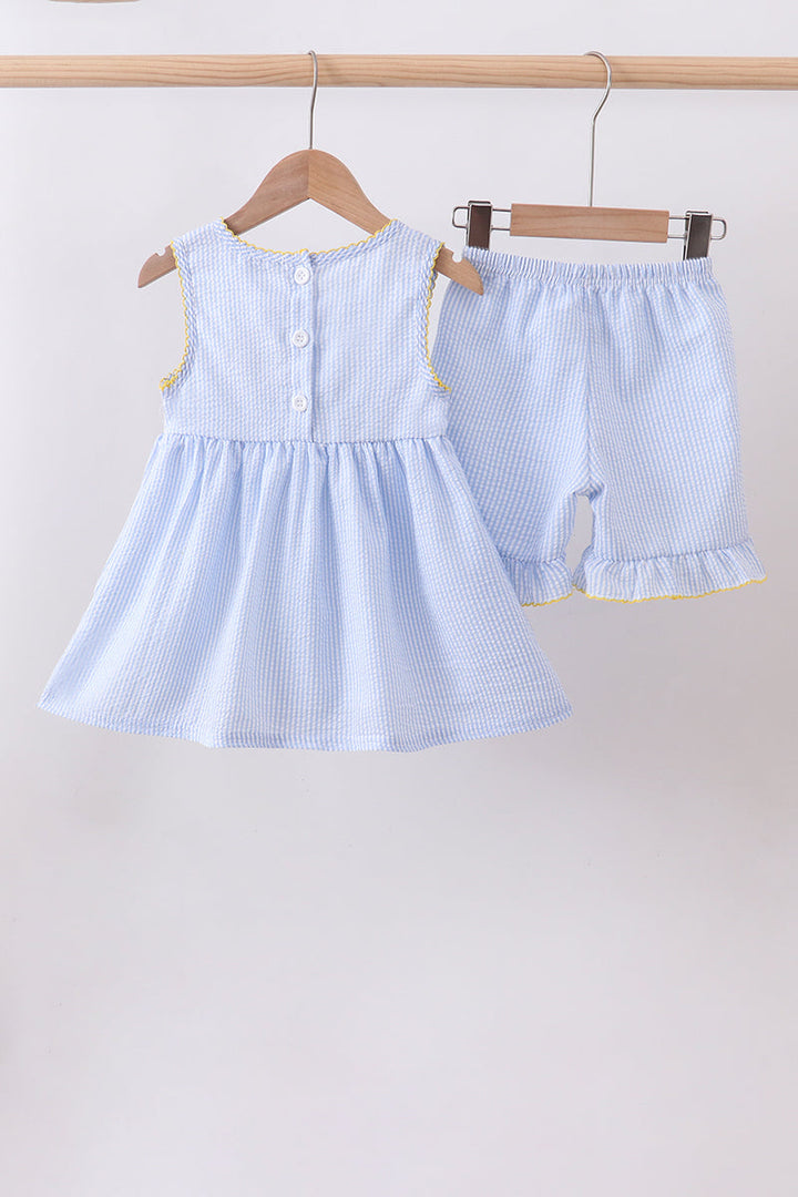 Lemon Embroidered Seersucker Ruffle Shorts Set