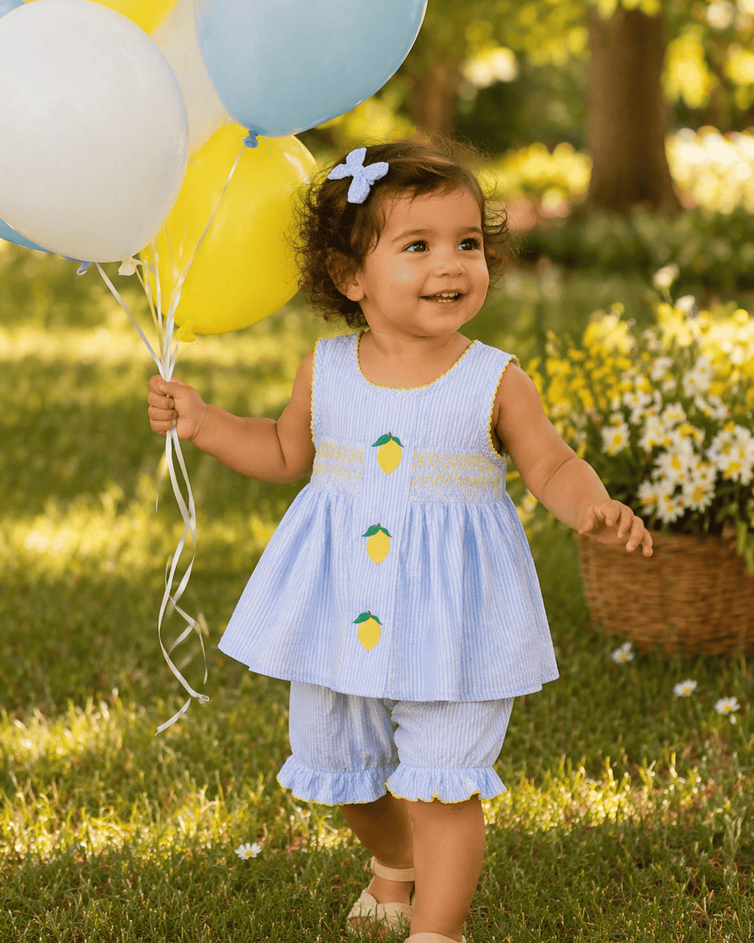 Child in a light blue dress holding balloons in a grassy outdoor setting with flowers.