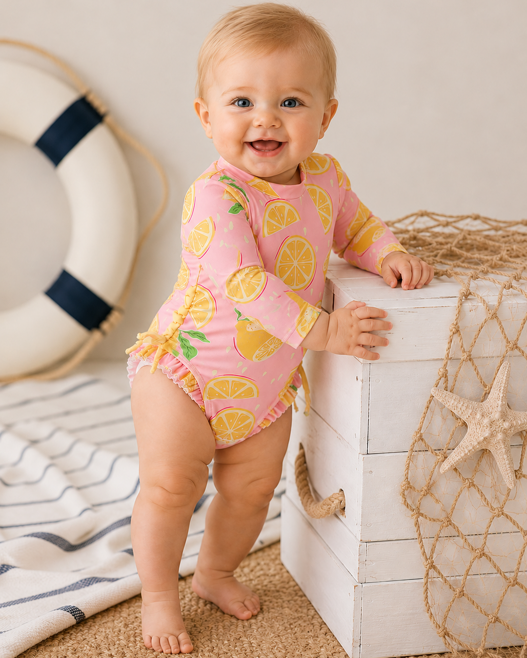 Baby in a pink swimsuit with lemon pattern standing next to a life buoy and starfish.