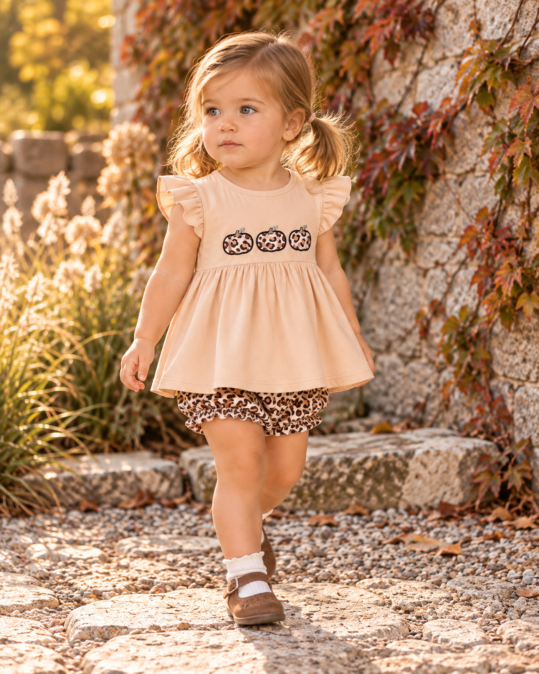 A toddler girl walking outdoors on a stone path wearing a light peach ruffle-sleeve peplum top with three leopard-print circles on the chest, leopard-print shorts, white socks, and brown sandals.