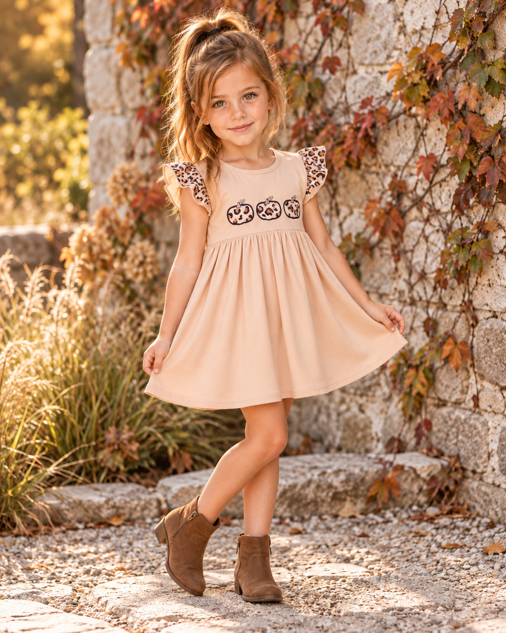 Young girl wearing a Leopard Pumpkin Appliqué Ruffle Dress