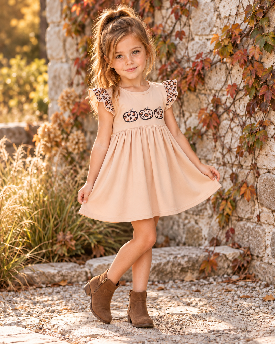 Young girl wearing a Leopard Pumpkin Appliqué Ruffle Dress