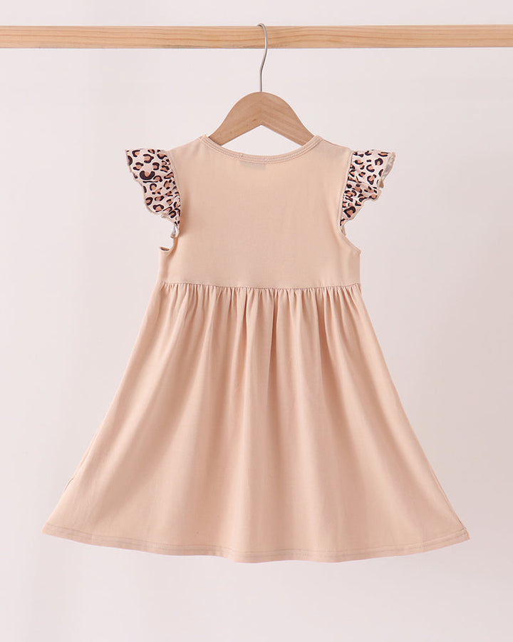 Beige sleeveless A-line dress with gathered skirt and leopard ruffle sleeves