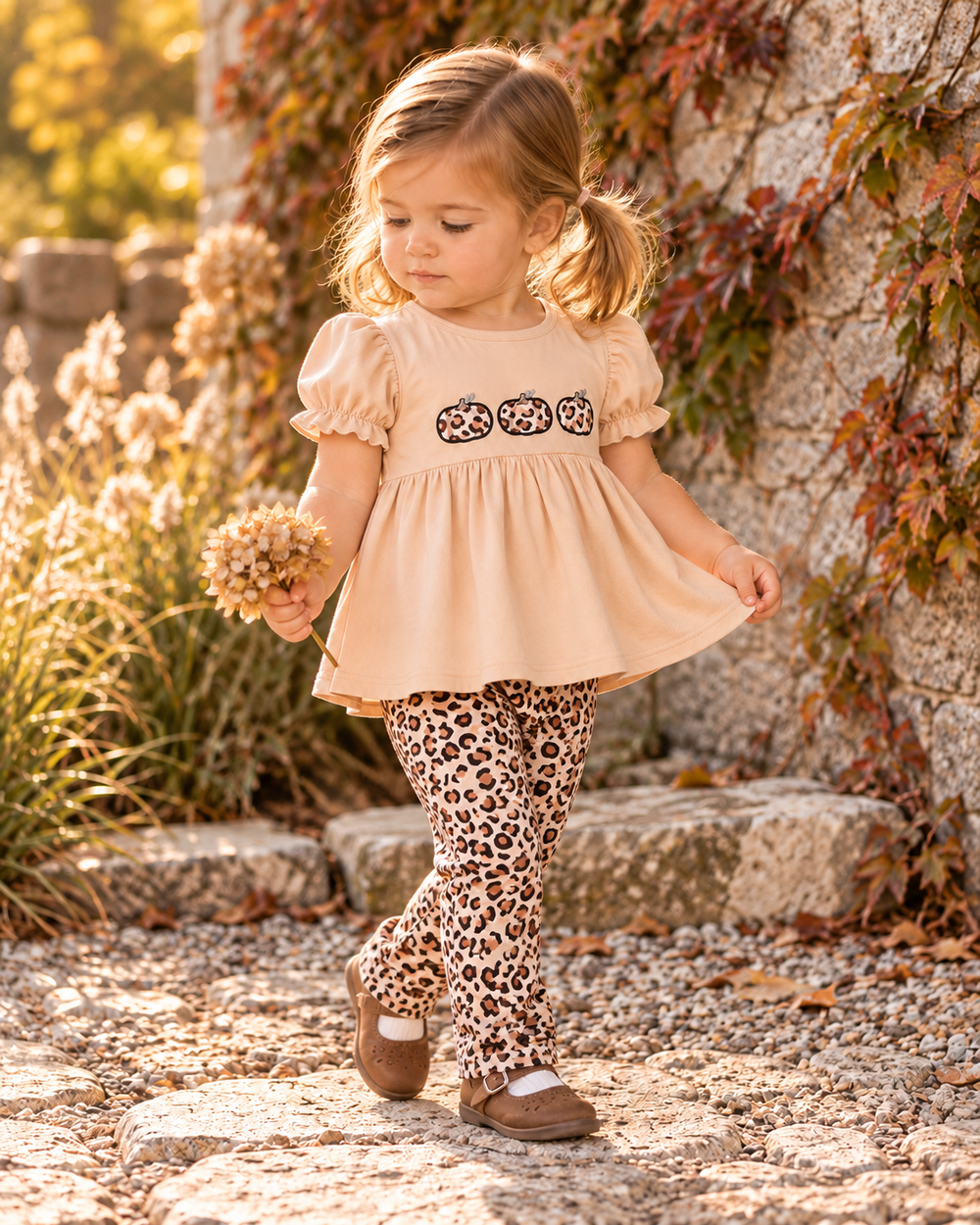 A toddler girl walking outdoors on a stone path wearing a peach puff-sleeve smocked dress with leopard-print leggings and brown shoes, holding a small bouquet of dried flowers.