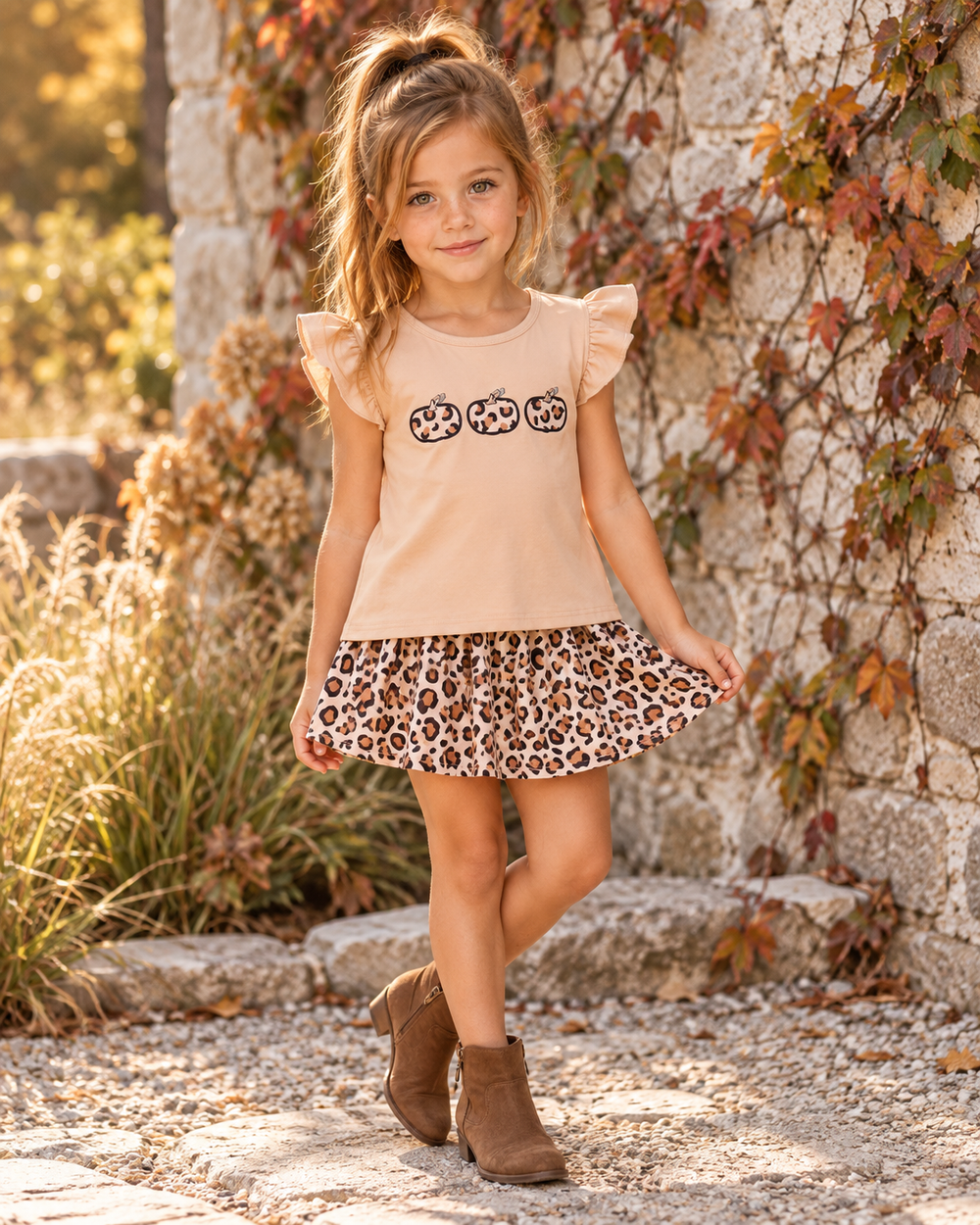 Young girl wearing Leopard Pumpkin Appliqué Ruffle Skort Set