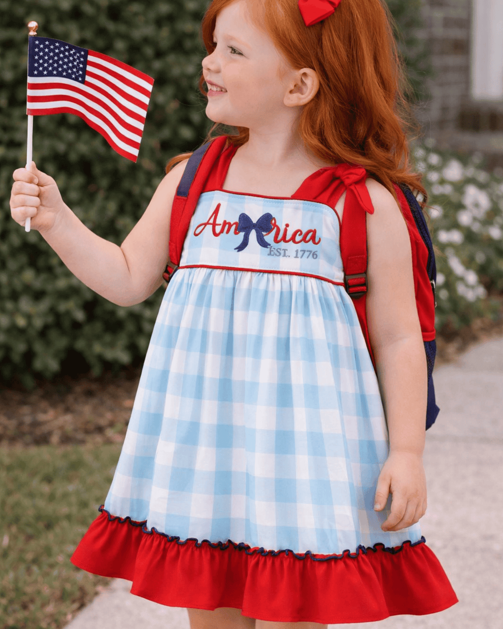 America Embroidered Gingham Ruffle Dress