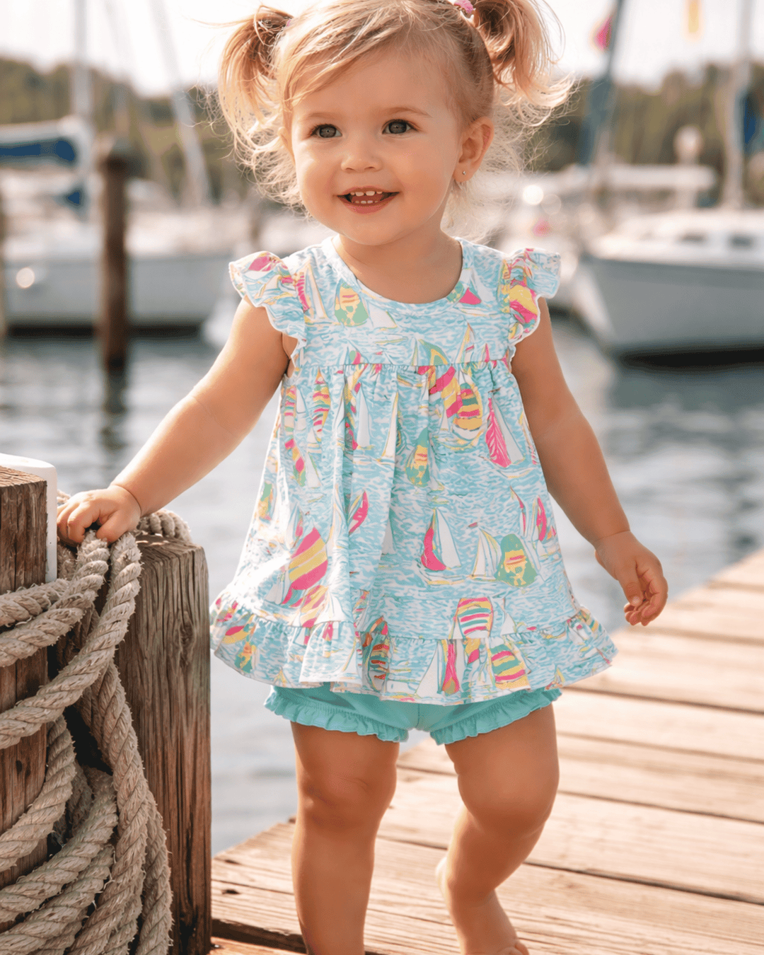 Child in a colorful dress standing on a dock by water
