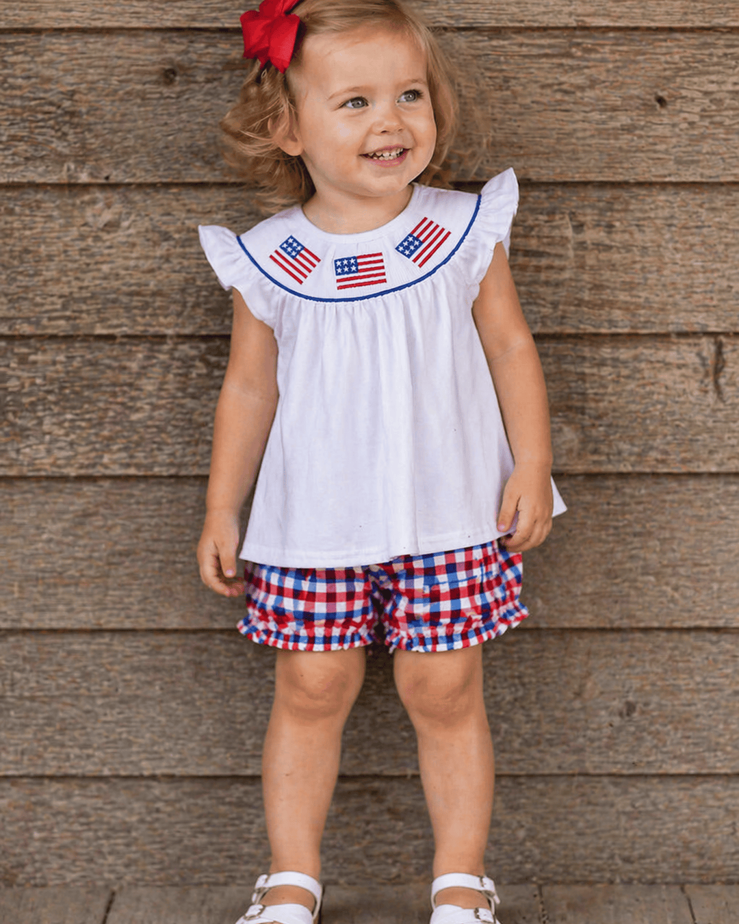 White Flag Smocked Ruffle Gingham Bloomer Set