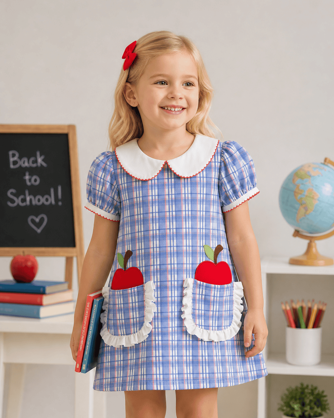 Back To School Pocket Applique Check Dress
