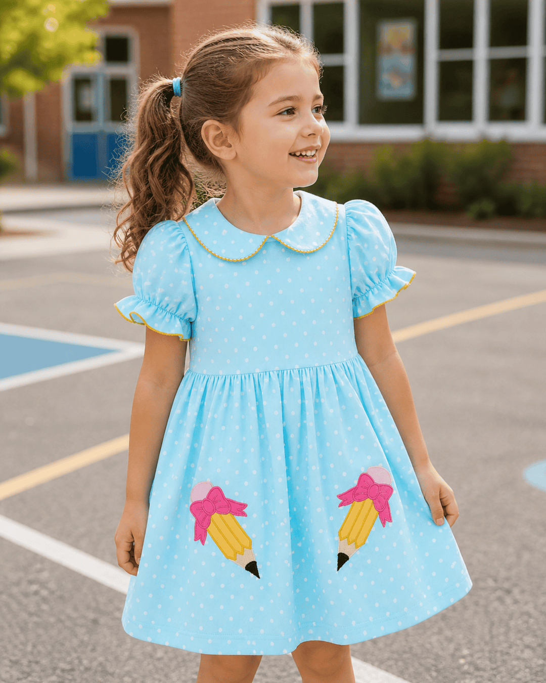 Back to School Polka Dot Pencil Applique Dress