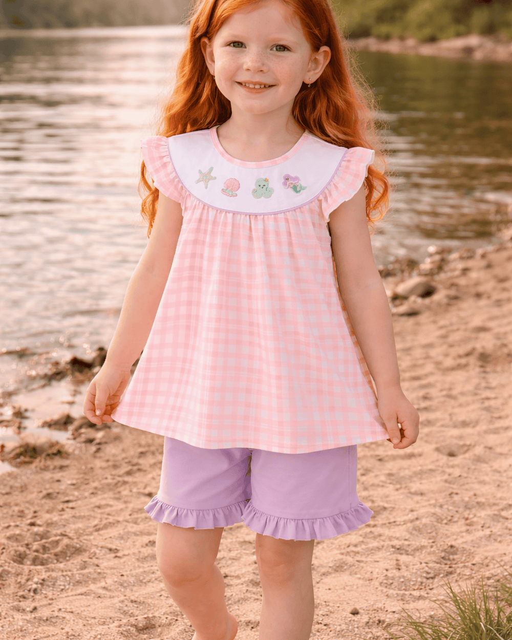 Octopus Starfish Embroidered Plaid Ruffle Shorts Set