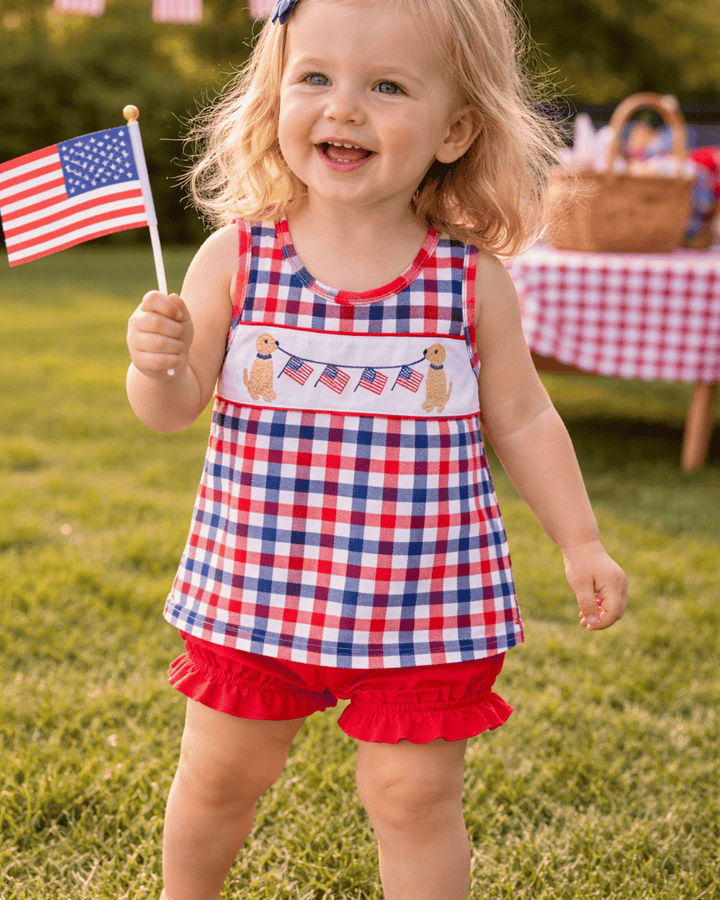 Puppy Embroidered Gingham Bloomer Set