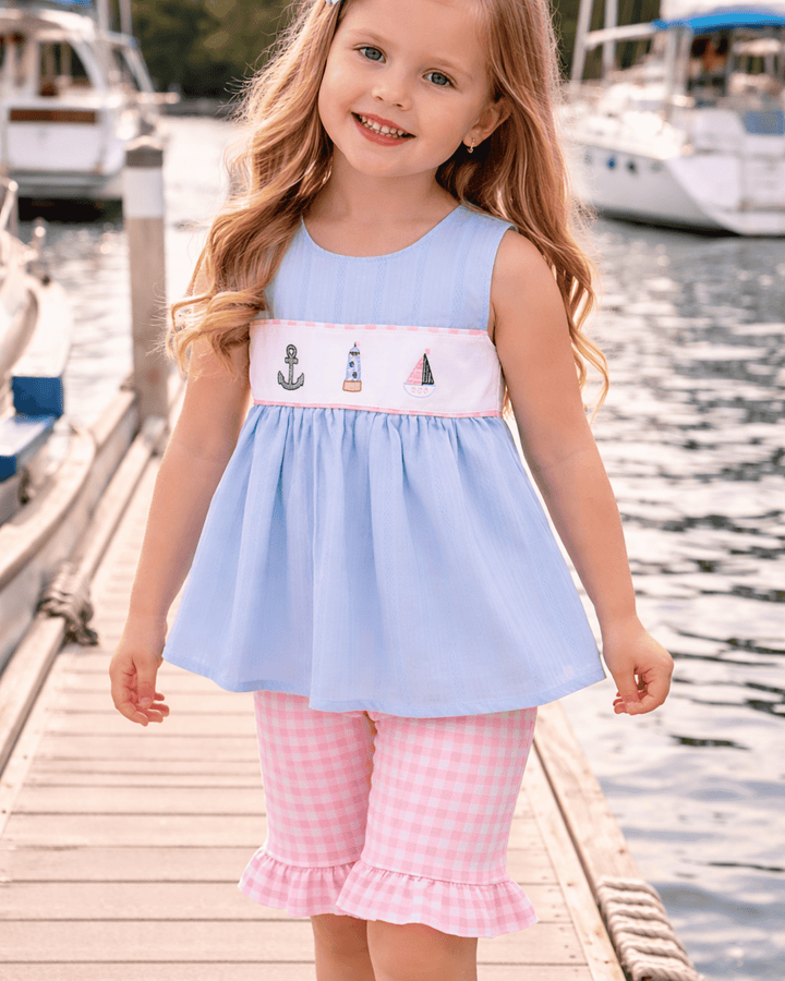 Blue Sailboat Embroidered Jacquard Shorts Set