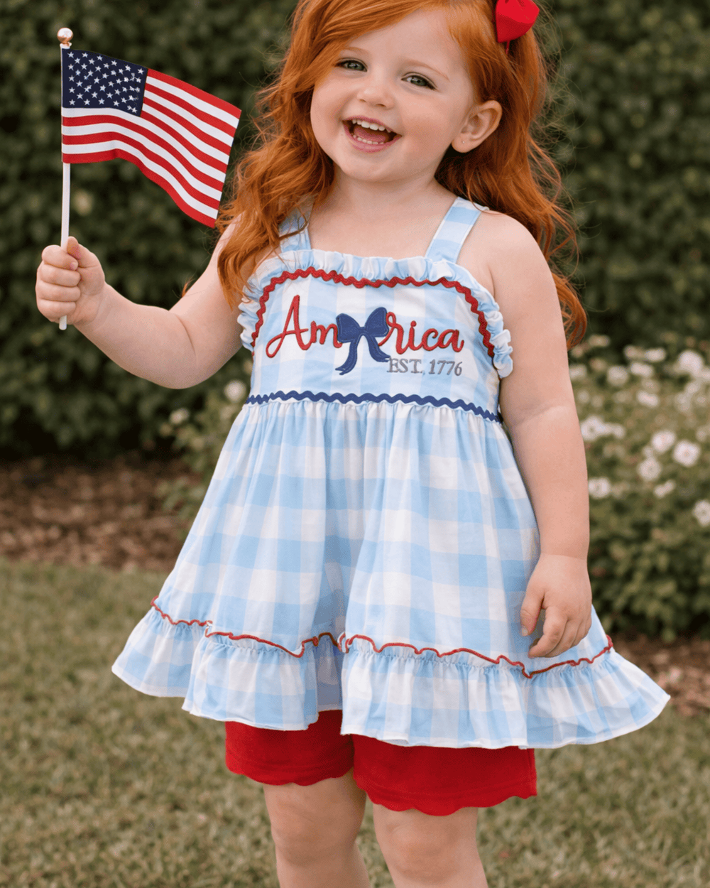 America Embroidered Gingham Ruffle Shorts Set