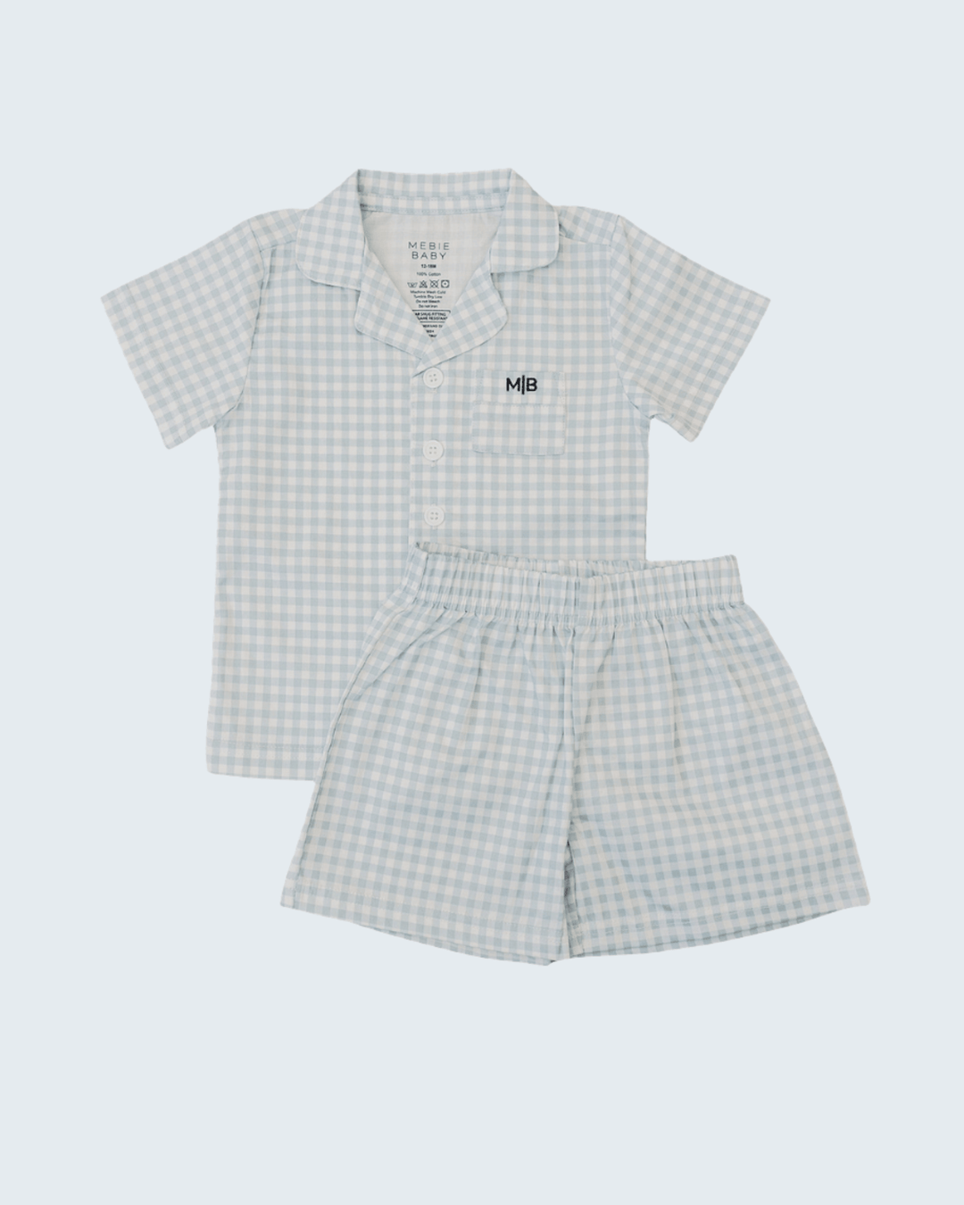 Light blue gingham cotton pajama set with short-sleeve button shirt and elastic-waist shorts
