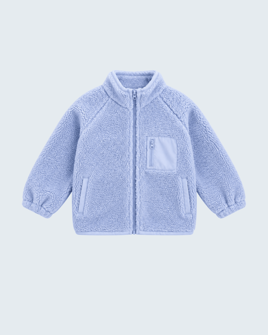 Light blue sherpa fleece zip-up jacket with chest pocket and two side pockets
